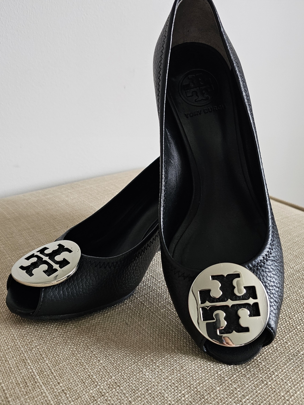 Tory Burch Black Peep-Toe Leather Flats with Logo Medallion